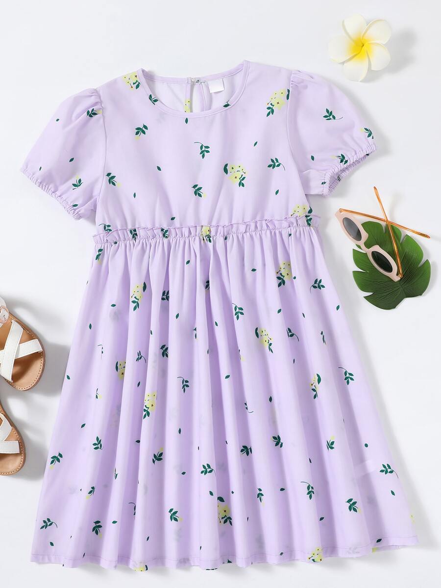 Girls Frill Trim Floral Smock Dress - Mauve Purple - View 1