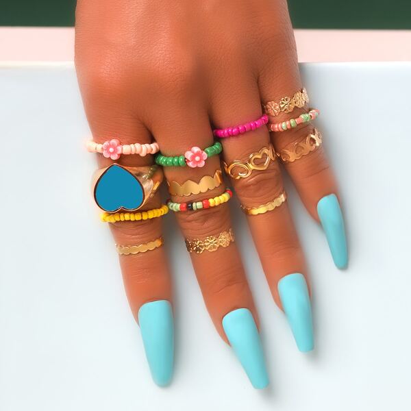 

14pcs Bead Detail Ring, Multicolor