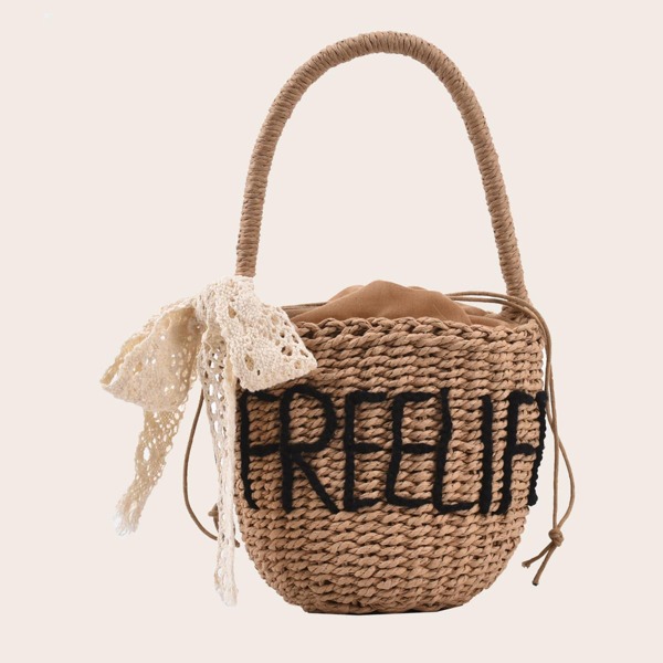 

Bow Decor Straw Bucket Bag, Khaki