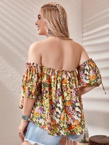SHEIN Plus Off Shoulder Knot Sleeve Floral Top - Multicolor - View 2