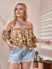 SHEIN Plus Off Shoulder Knot Sleeve Floral Top - Multicolor - View 5