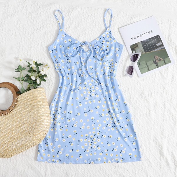

Allover Floral Print Knot Front Ruched Bust Cami Dress, Blue