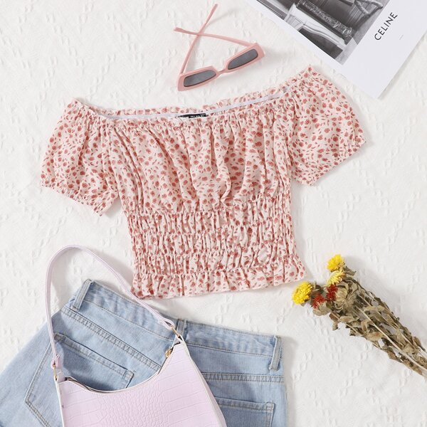 

Ditsy Floral Print Ruched Bust Top, Baby pink