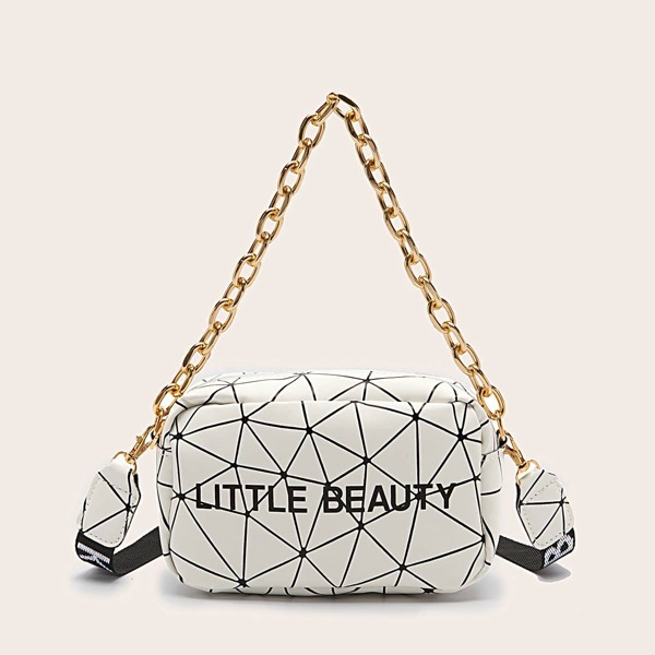 

Letter & Geometric Graphic Chain Satchel Bag, White