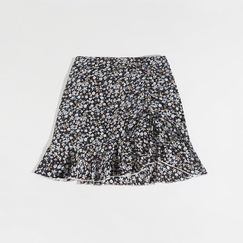 

Ditsy Floral Drawstring Ruched Skirt, Black