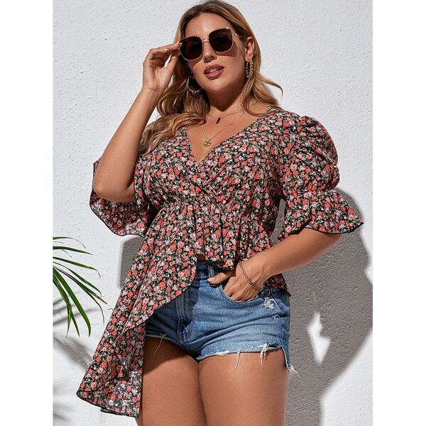 

Plus Allover Floral Print Asymmetrical Hem Peplum Blouse, Multicolor