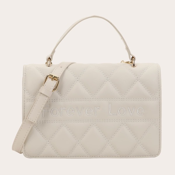 

Quilted Letter Embroidered Satchel Bag, Beige
