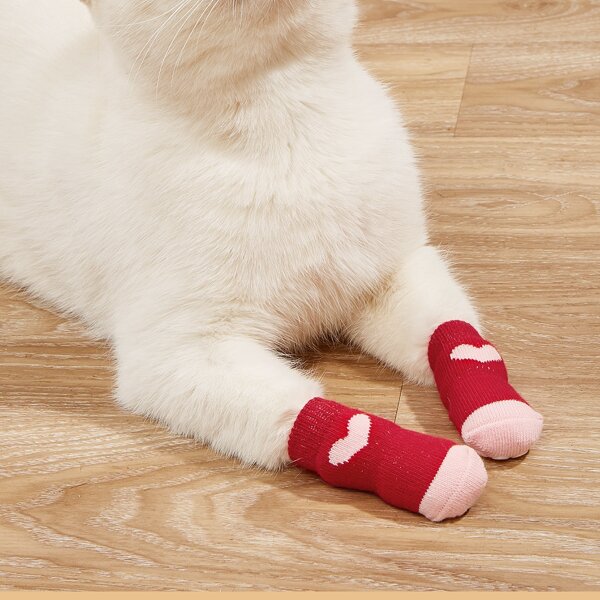 

4pcs Heart Pattern Pet Socks, Red