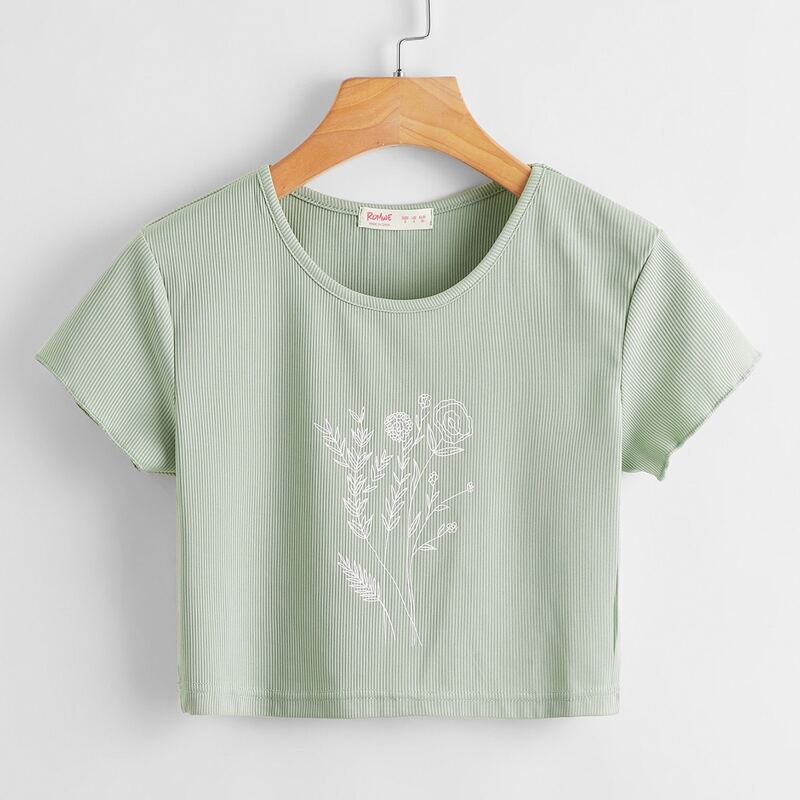 

Floral Graphic Ribbed Tee, Mint green