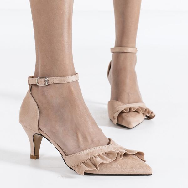 

Ruffle Decor Ankle Strap Pumps, Apricot