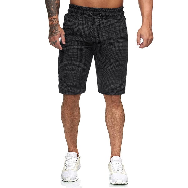 

Men Plaid & Houndstooth Print Drawstring Shorts, Black