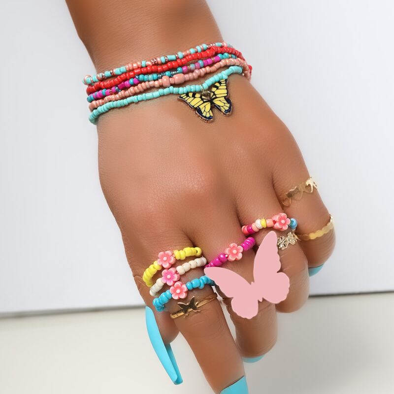 

5pcs Beaded Bracelet & 10pcs Butterfly Ring, Multicolor