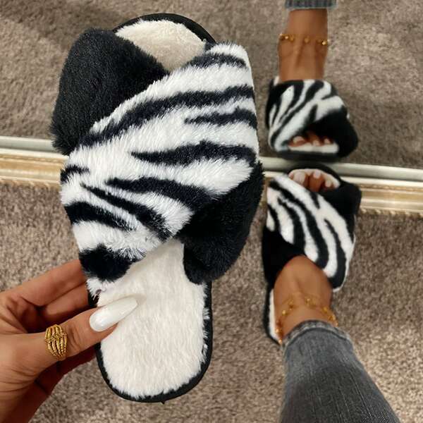 

Zebra Striped Pattern Cross Strap Fluffy Slippers, Black and white