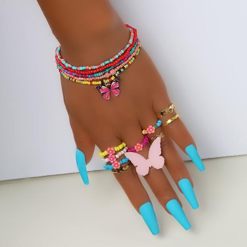 

5pcs Butterfly Beaded Bracelet & 10pcs Flower Ring, Multicolor