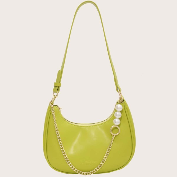 

Faux Pearl Decor Baguette Bag, Green