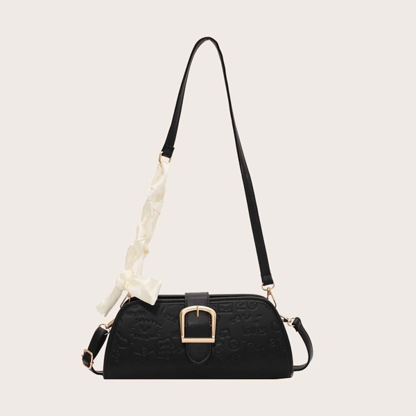 

Buckle Decor Cartoon Embossed Shoulder Bag, Black