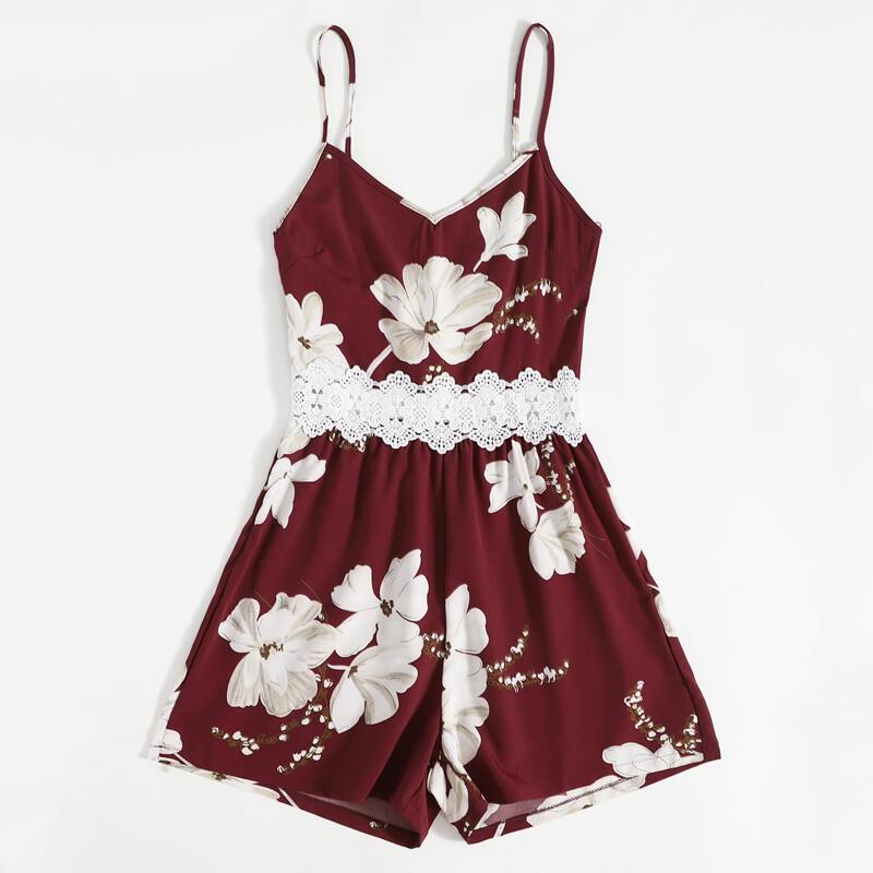 

Floral Print Contrast Lace Cami Romper, Burgundy