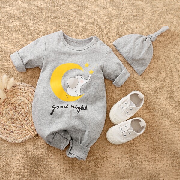 

Baby Boy Cartoon & Slogan Graphic Jumpsuit, Light grey