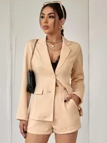 SHEIN Unity 純色單排釦西裝外套和短褲 - 杏色 - 查看 3