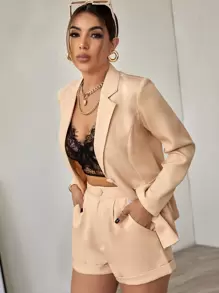 SHEIN Unity 純色單排釦西裝外套和短褲 - 杏色 - 查看 5