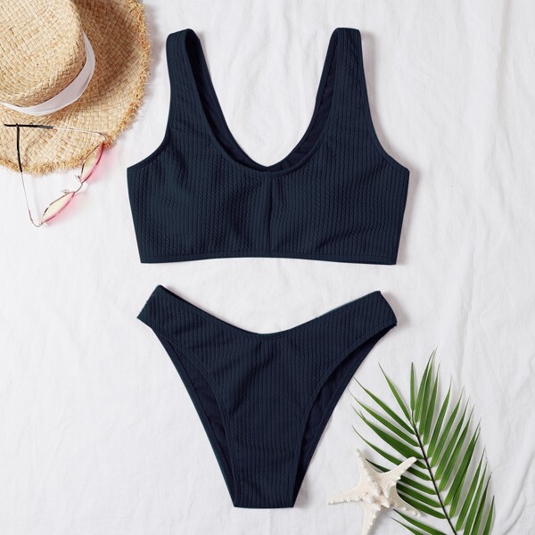 

Textured High Cut Bikini Swimsuit, Navy blue