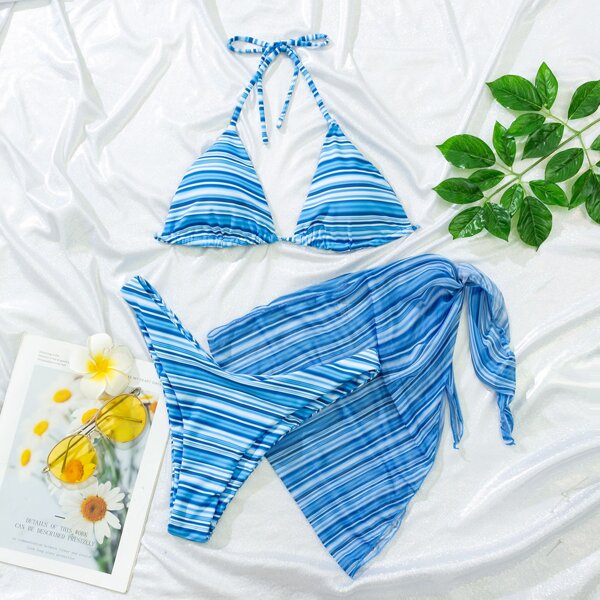 

3pack Striped Triangle Bikini Swimsuit & Beach Skirt, Blue and white