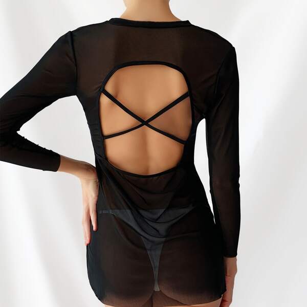 

Sheer Mesh Cover Up Dress, Black