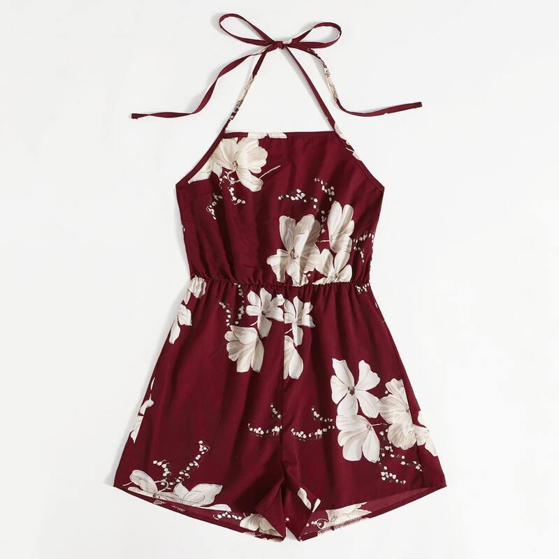 

Floral Print Halter Romper, Burgundy