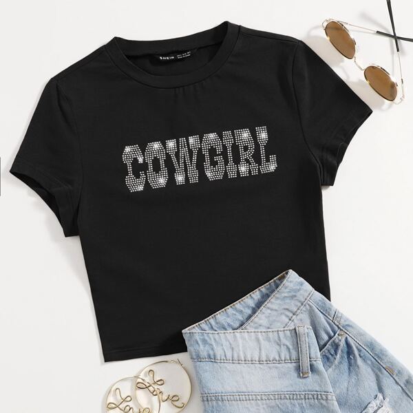 

Rhinestone Letter Tee, Black
