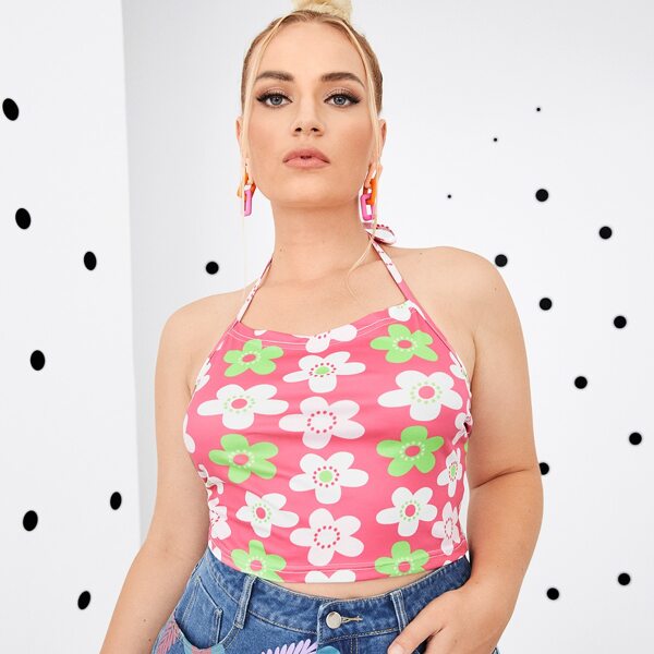 

Plus Allover Floral Knot Halter Top, Multicolor