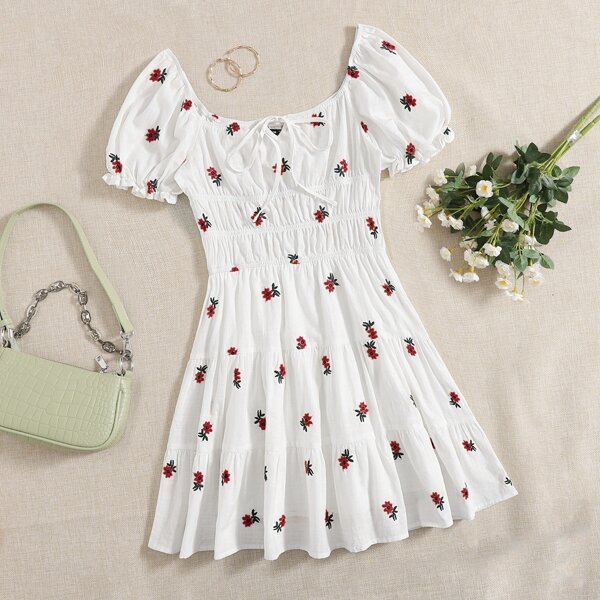 

Tie Front Puff Sleeve Ruched Floral Embroidered Dress, White