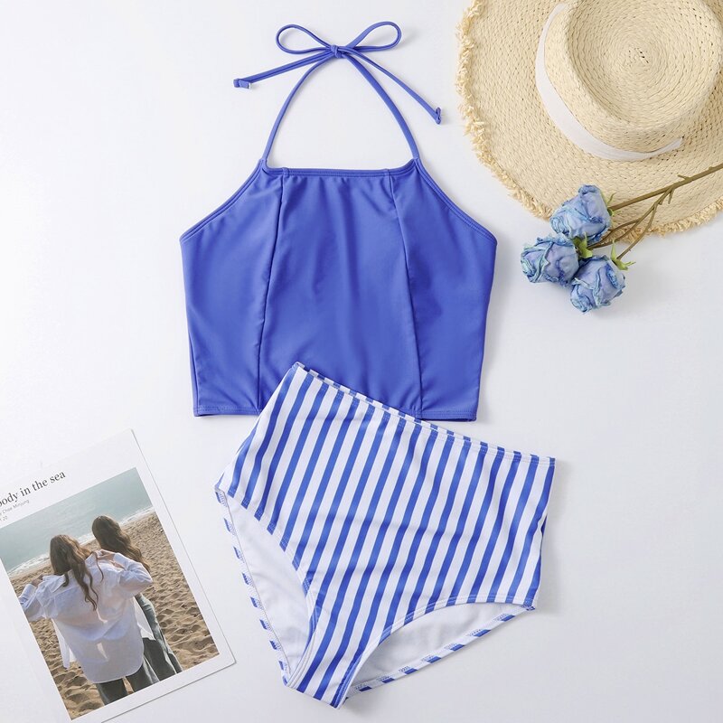 

Striped Halter High Waisted Bikini Swimsuit, Blue