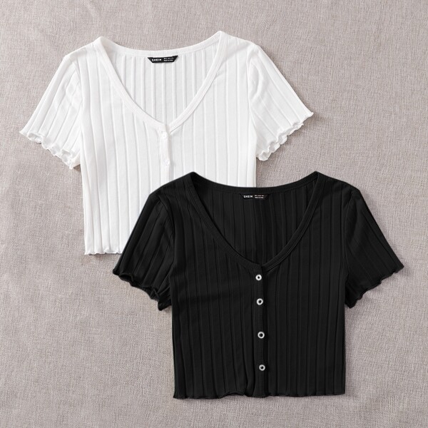 

2 Pack Lettuce Trim Rib-knit Tee, Black and white