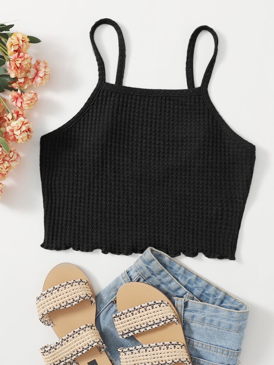 Muchica 木耳邊華夫格針織吊帶上衣 - 黑色 - 查看 1