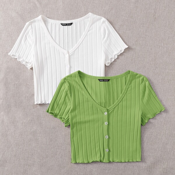

2 Pack Lettuce Trim Rib-knit Tee, Multicolor