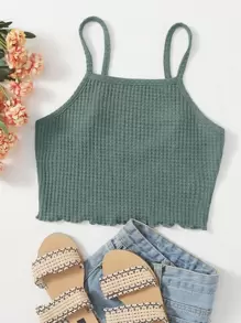 SHEIN EZwear Lettuce Trim Waffle Knit Cami Top - Green - View 1