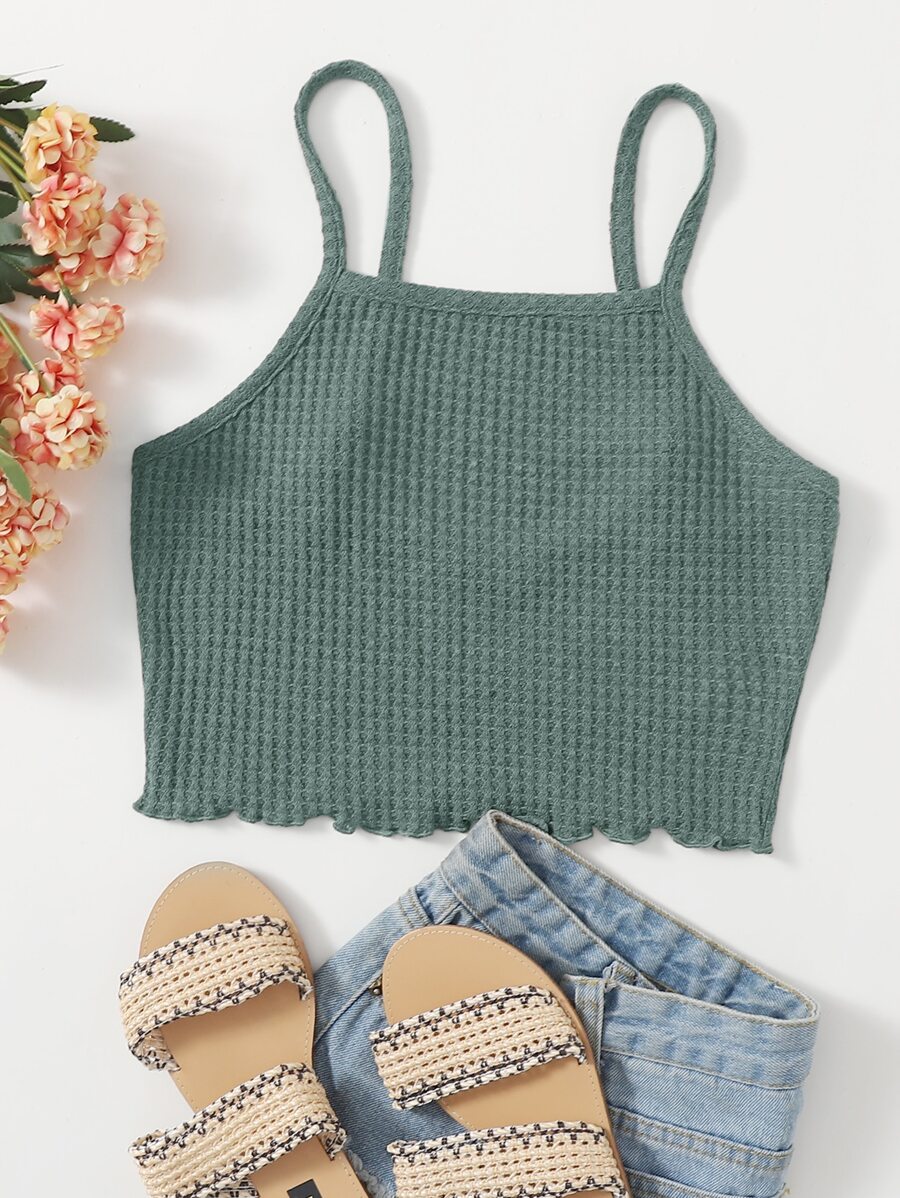 SHEIN EZwear Lettuce Trim Waffle Knit Cami Top - Green - View 1