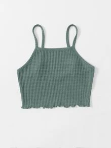 SHEIN EZwear Lettuce Trim Waffle Knit Cami Top - Green - View 3