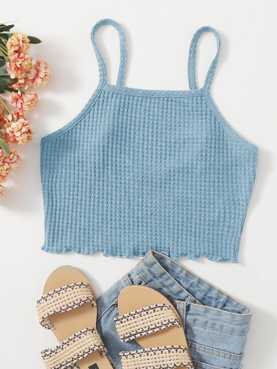 SHEIN EZwear 木耳邊華夫格針織吊帶上衣 - 霧霾藍 - 查看 1