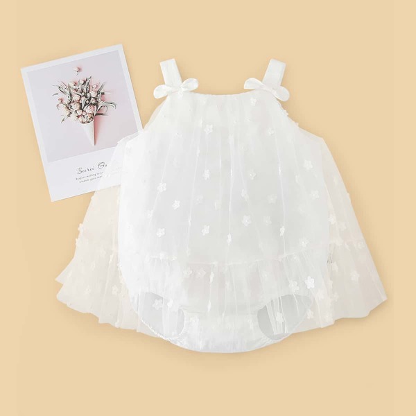 

Baby Girl Bow Detail Floral Mesh Bodysuit, White