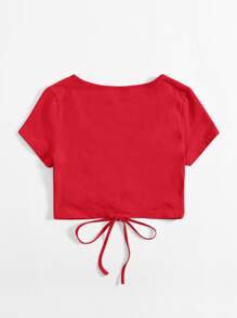 Muchica Áo thun Thắt nút màu trơn Giải trí - Đỏ - Xem 2