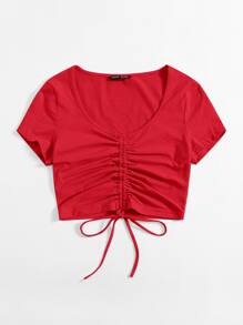 Muchica Áo thun Thắt nút màu trơn Giải trí - Đỏ - Xem 4