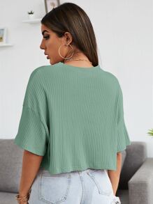 SHEIN EZwear 落肩素色羅紋針織短版T恤 - 薄荷綠 - 查看 2
