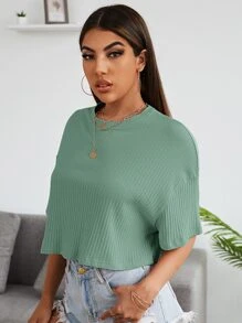 SHEIN EZwear 落肩素色羅紋針織短版T恤 - 薄荷綠 - 查看 3