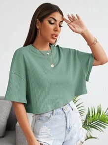 SHEIN EZwear 落肩素色羅紋針織短版T恤 - 薄荷綠 - 查看 5