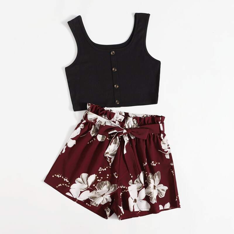 

Solid Button Front Tank Top & Floral Print Belted Shorts, Multicolor