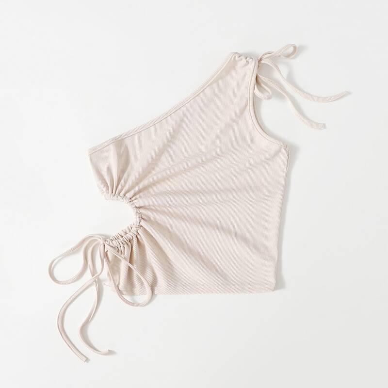 

Solid One Shoulder Drawstring Cut Out Top, Beige