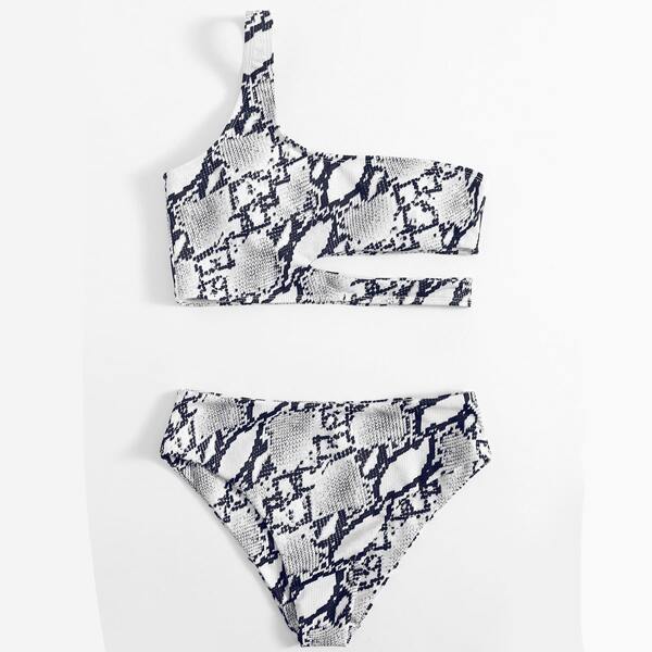 

Snakeskin Cut Out One Shoulder Bikini Swimsuit, Black and white