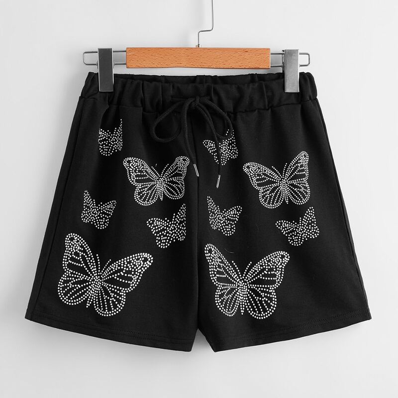 

Butterfly Graphic Drawstring Shorts, Black