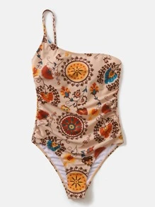 Allover Print One Shoulder One-Piece Swimsuit Bathing Suit For Summer Beach - Multicolor - View 1